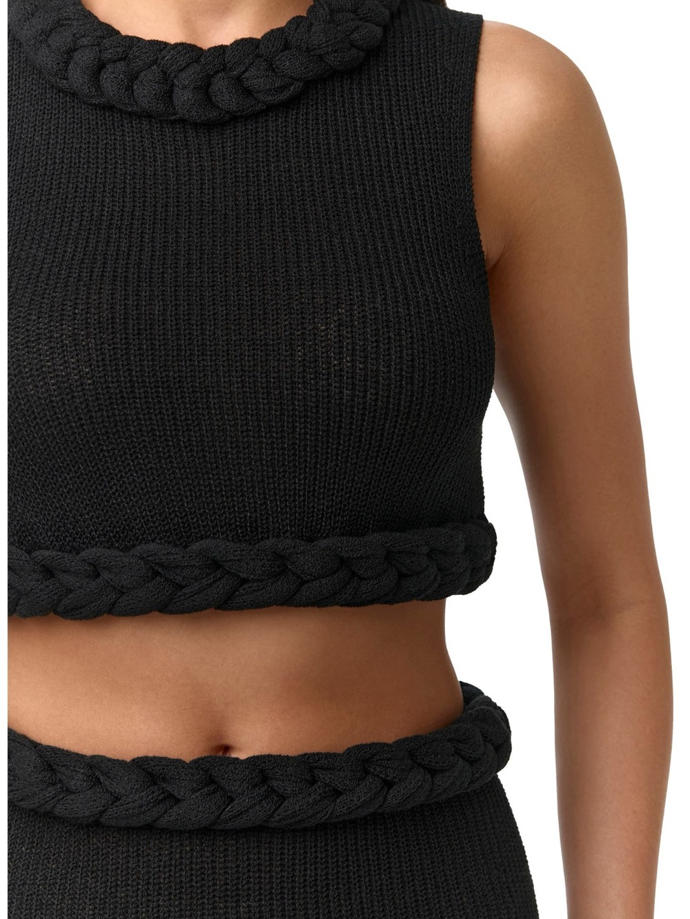 NWOT Naked Wardrobe Sz M Black Rib Knit Braid Trim Crop Top Sheer - Picture 2 of 12